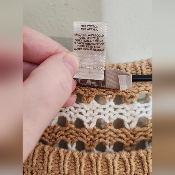 LOFT Sweater Women's M Tan White Striped Open Weave Cotton Blend Long Sleeve - Picture 3 of 5